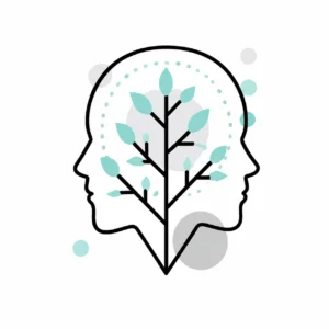 Two opposing head silhouettes with a tree growing between them, symbolizing mental health and growth