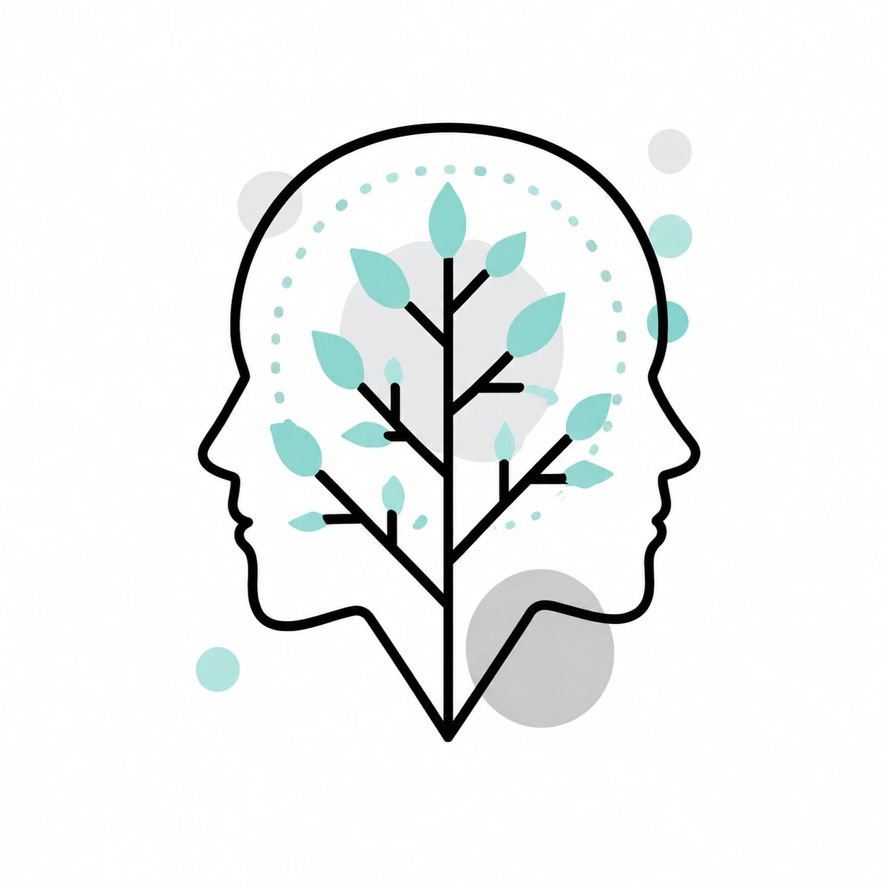 Two opposing head silhouettes with a tree growing between them, symbolizing mental health and growth